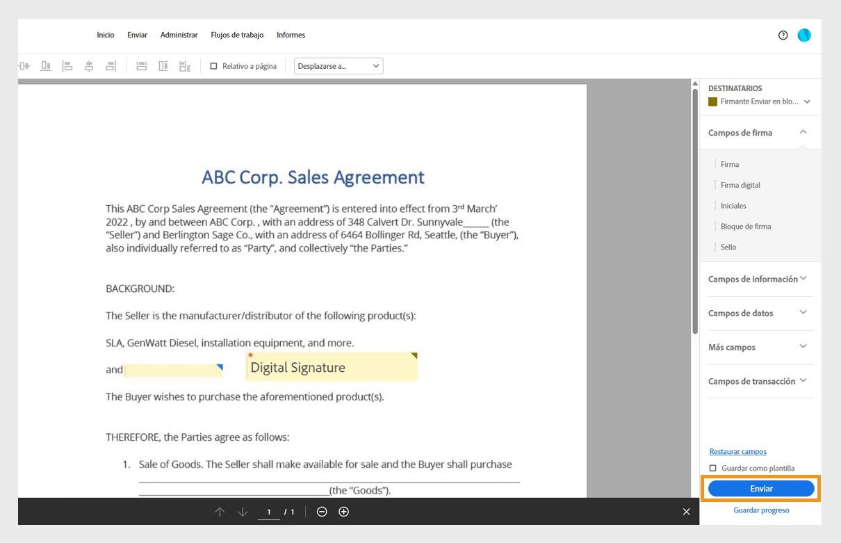 La interfaz de Acrobat muestra un acuerdo de ventas con un campo de firma digital arrastrado y colocado en la ubicación deseada. El botón &quot;Enviar&quot; está resaltado.