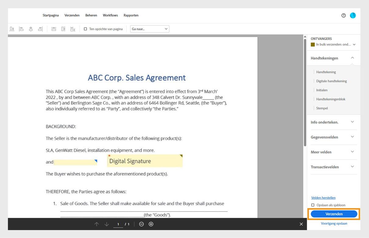 De Acrobat-interface toont een verkoopovereenkomst met een veld voor digitale handtekening dat naar de gewenste locatie is gesleept. De knop Verzenden is gemarkeerd.