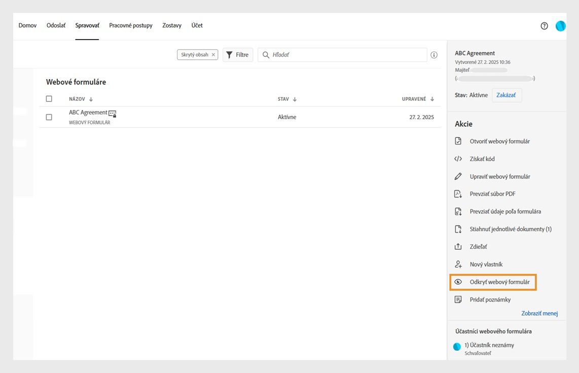 V ponuke Akcie sa zobrazuje možnosť „Odkryť webový formulár“ pre skrytý formulár. 