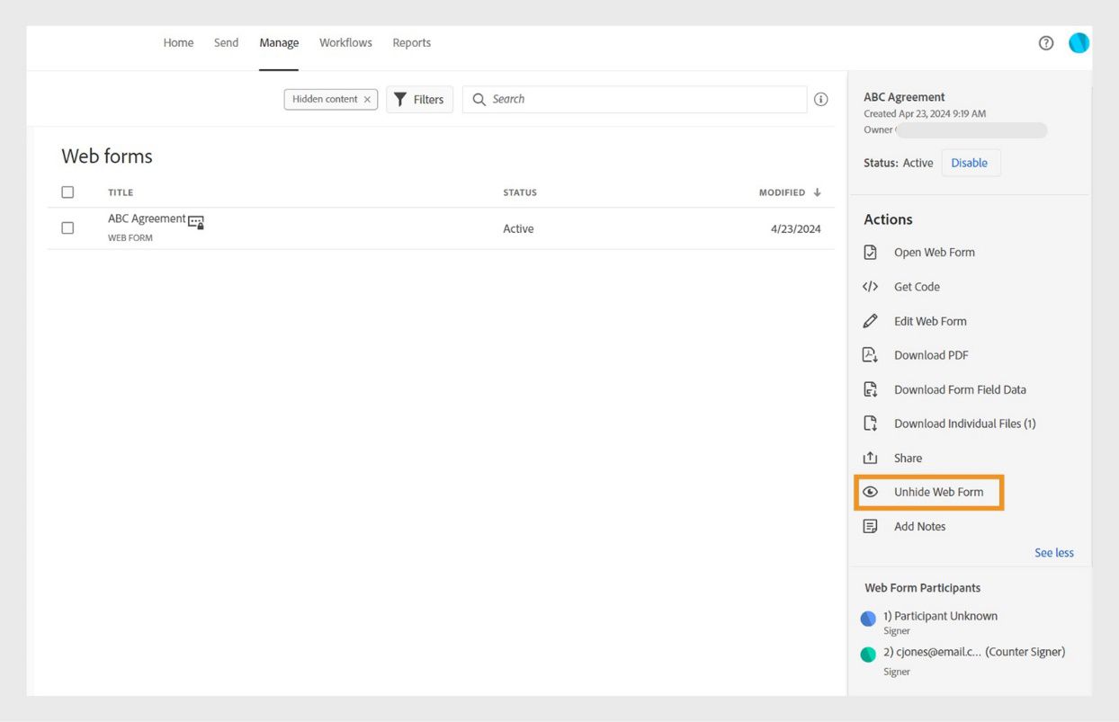 Ipinapakita ng Actions menu ang 'Unhide Web Form' option para sa nakatagong form. 
