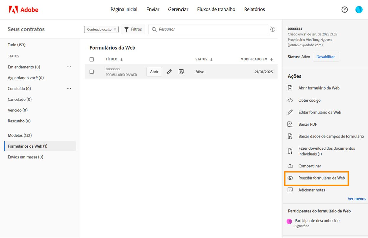 O menu Ações mostrando a opção “Exibir formulário web” para um formulário oculto. 