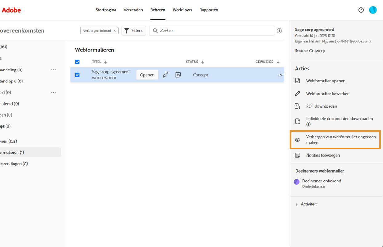 Het menu Acties toont voor een verborgen formulier de optie Webformulier zichtbaar maken. 