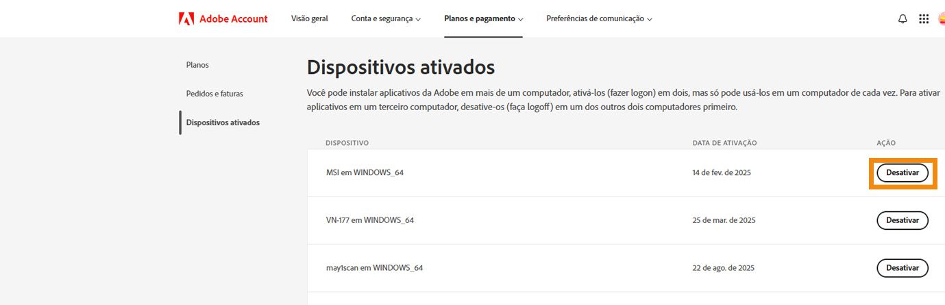 A página “Dispositivos ativados” na conta da Adobe mostra detalhes dos dispositivos ativados e opções de desativar o seu aplicativo dos dispositivos. 