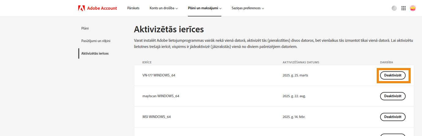 Aktivizēto ierīču sadaļa jūsu Adobe kontā rāda aktivizēto ierīču datus un iespējas deaktivizēt lietotni no ierīcēm. 