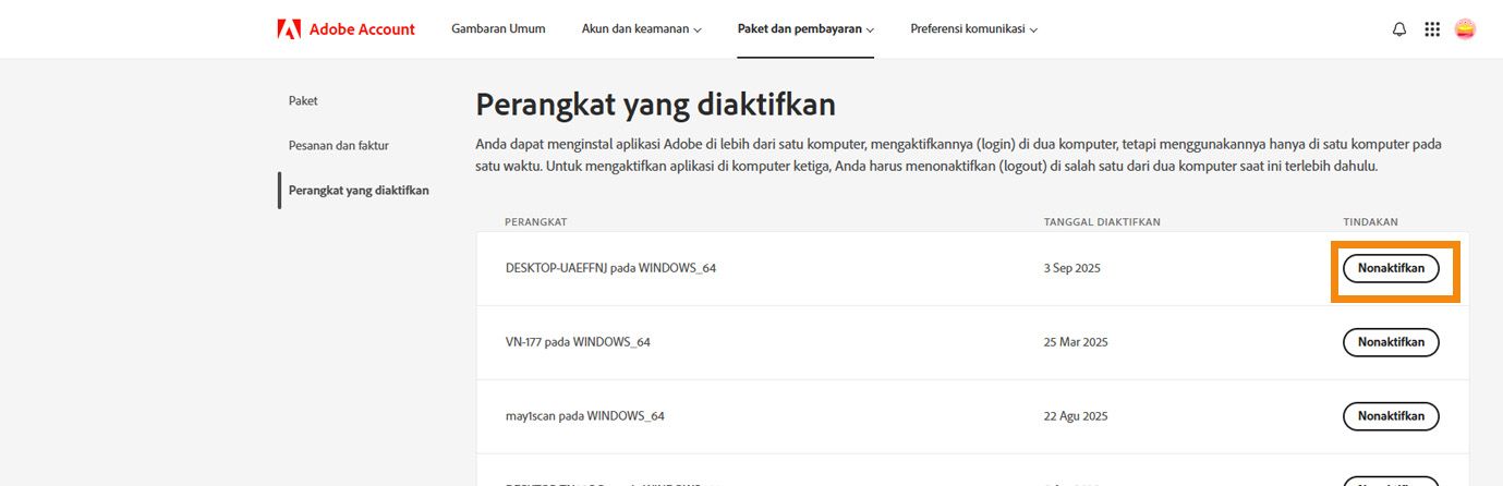 Halaman Perangkat yang diaktifkan di Akun Adobe menampilkan detail perangkat yang diaktifkan dan opsi untuk menonaktifkan aplikasi Anda dari perangkat tersebut. 