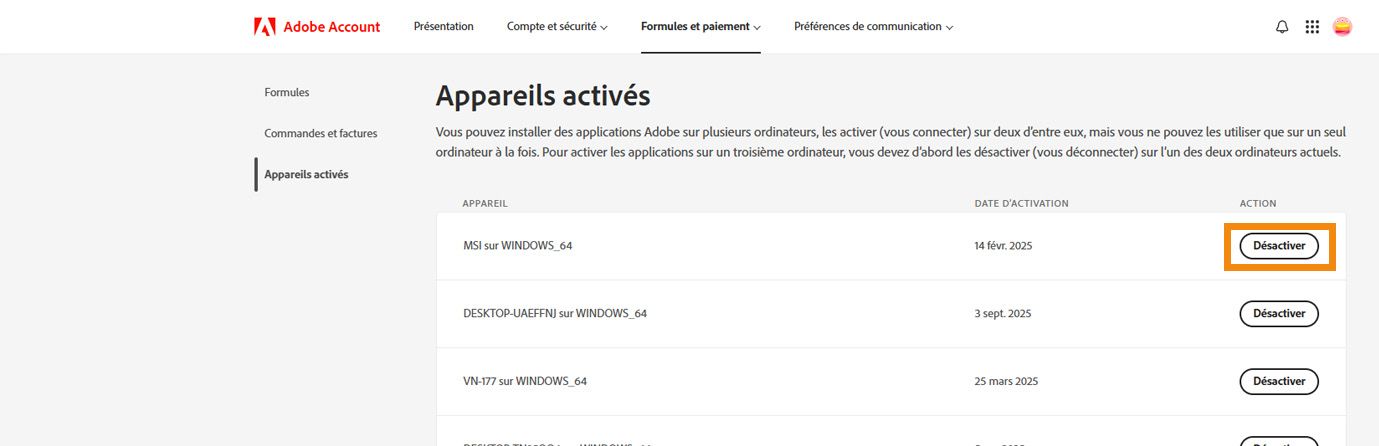 La page Appareils activés du compte Adobe affiche les détails des appareils activés et les options pour désactiver votre appli sur les appareils. 