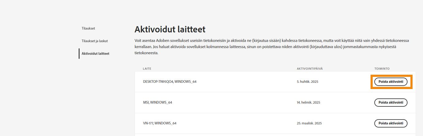 Adobe-tilin Aktivoidut laitteet -sivulla näkyy tiedot aktivoiduista laitteista sekä vaihtoehdot sovelluksen deaktivoimiseksi laitteista. 