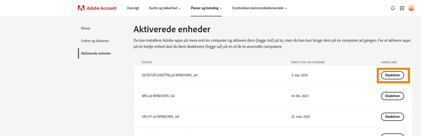 Siden Aktiverede enheder på Adobe-kontoen viser oplysninger om aktiverede enheder og muligheder for at deaktivere din app fra enhederne. 