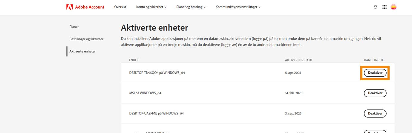 Siden Aktiverte enheter i Adobe-kontoen viser detaljer om aktiverte enheter og options for å deaktivere appen din fra enhetene.