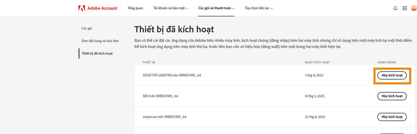 Trang Thiết bị đã kích hoạt trong Tài khoản Adobe hiển thị chi tiết về các thiết bị đã kích hoạt và các tùy chọn để hủy kích hoạt ứng dụng của bạn khỏi các thiết bị. 