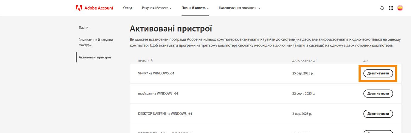 Сторінка Активовані пристрої в обліковому записі Adobe показує відомості про активовані пристрої та надає можливість деактивувати додаток на цих пристроях. 