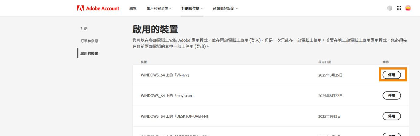 Adobe 帳戶中的「已啟用的裝置」頁面顯示已啟用裝置的詳細資料以及從裝置上停用應用程式的選項。 