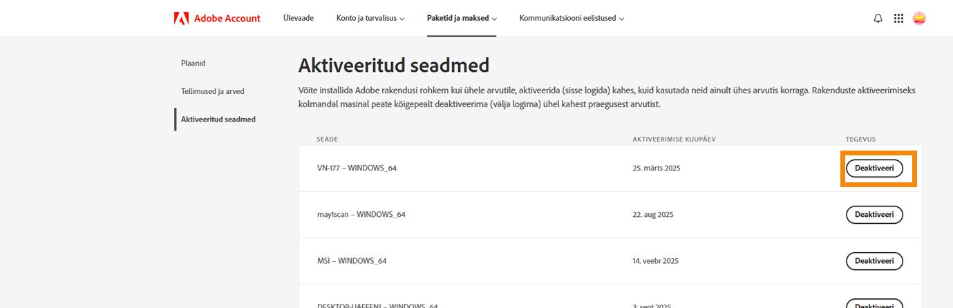 Adobe'i konto lehel Aktiveeritud seadmed kuvatakse aktiveeritud seadmete üksikasju ja valikuid rakenduse deaktiveerimiseks seadmetest. 