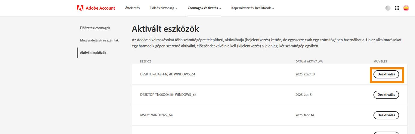 Az Adobe-fiók Aktivált eszközök oldala megjeleníti az aktivált eszközök részleteit és az alkalmazás eszközökről történő deaktiválásának lehetőségeit. 