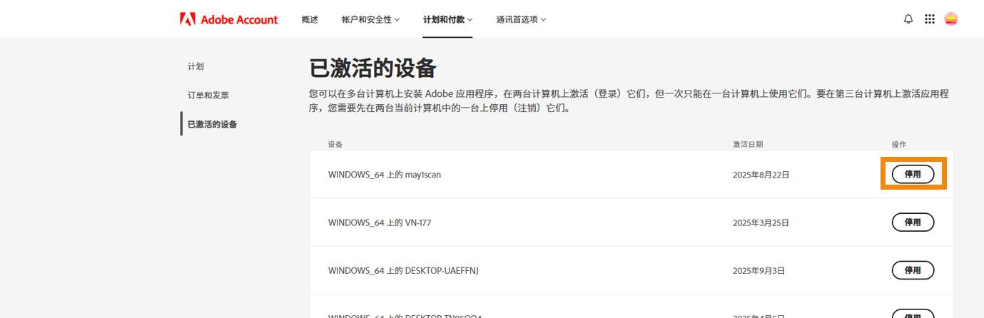 Adobe 帐户中的“已激活设备”页面显示已激活设备的详细信息，以及在设备上停用应用程序的选项。 