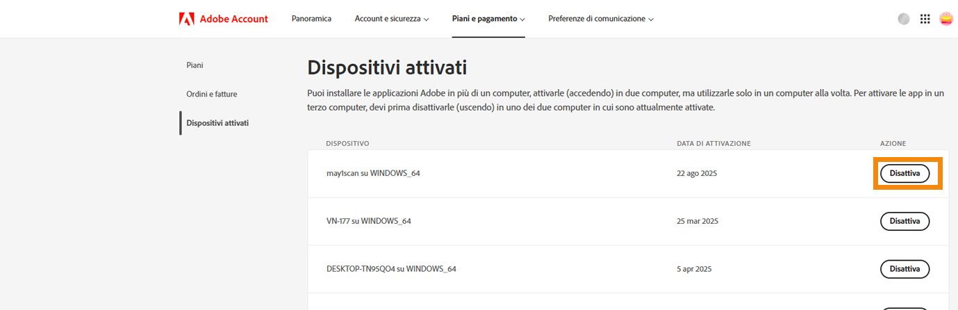 La pagina Dispositivi attivati nell’account Adobe mostra i dettagli dei dispositivi attivati e le opzioni per disattivare l’applicazione dai dispositivi.