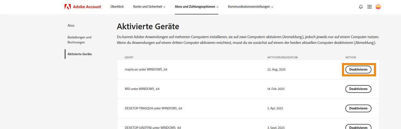 Die Seite „Aktivierte Geräte&quot; im Adobe-Konto zeigt Details zu aktivierten Geräten und options zum Deaktivieren deiner Anwendung auf den Geräten. 