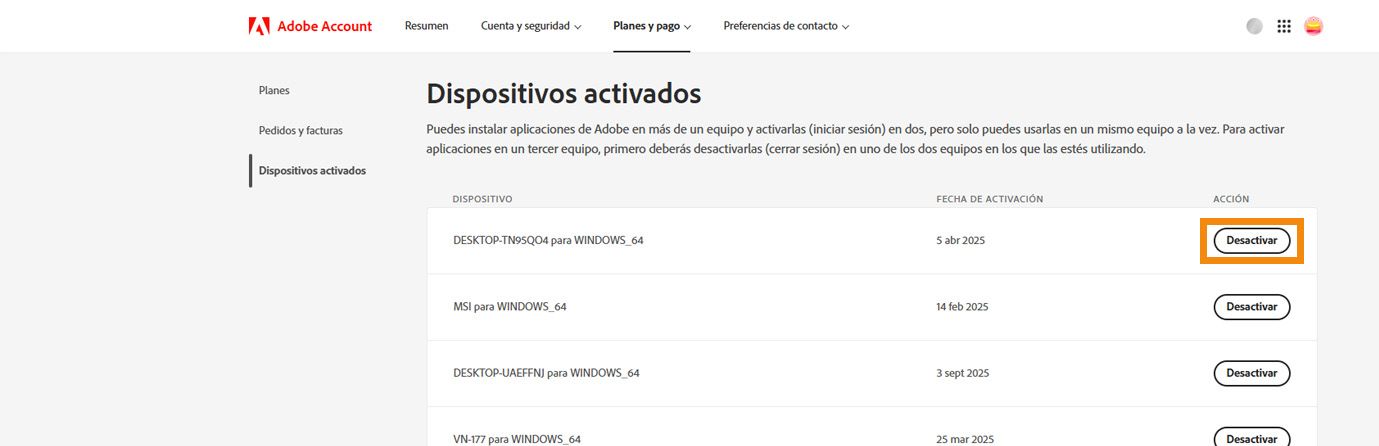 La página Dispositivos activados en la cuenta de Adobe muestra detalles de los dispositivos activados y las opciones que tiene para desactivar su aplicación de los dispositivos.
