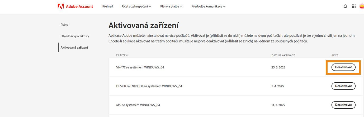 Stránka Aktivovaná zařízení v účtu Adobe zobrazuje podrobnosti o aktivovaných zařízeních a možnosti deaktivace aplikace ze zařízení. 