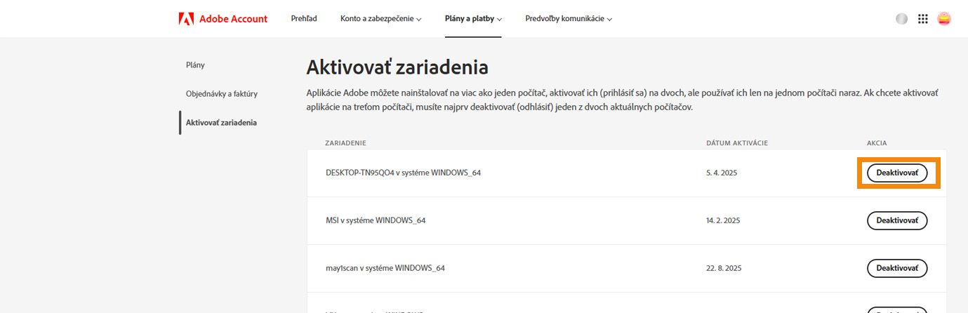 Stránka Aktivované zariadenia v konte Adobe zobrazuje podrobnosti o aktivovaných zariadeniach a možnosti na deaktiváciu aplikácie zo zariadení.