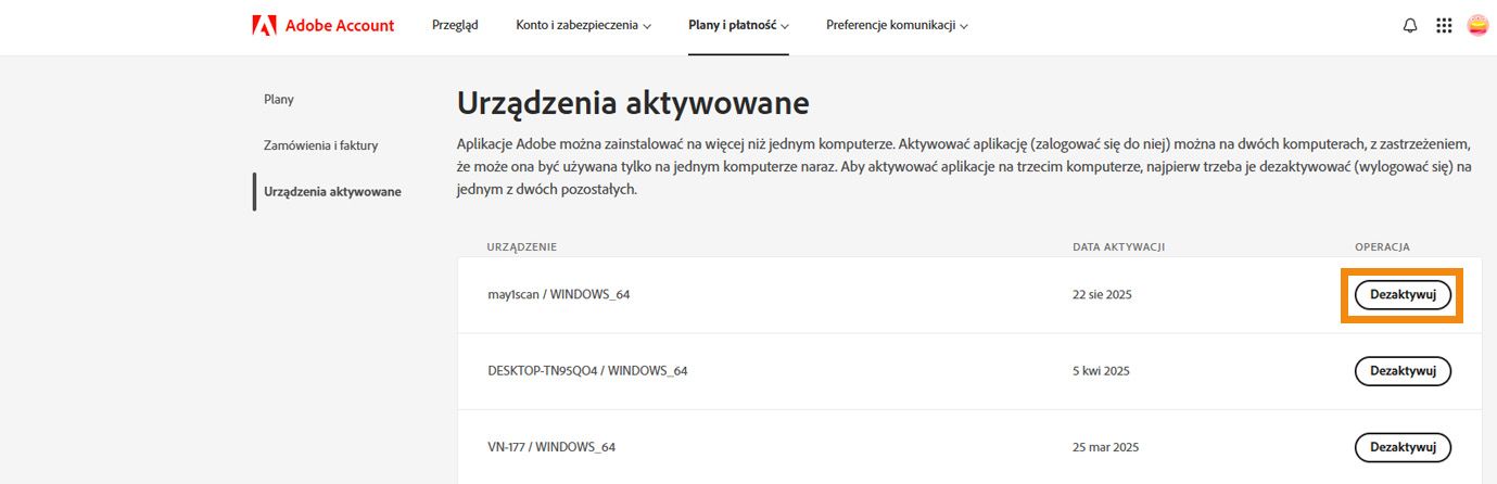 Strona Aktywowane urządzenia na koncie Adobe pokazuje szczegóły aktywowanych urządzeń i opcje dezaktywacji aplikacji z urządzeń.