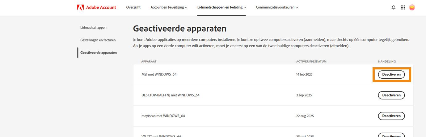 De pagina Geactiveerde apparaten in het Adobe-account toont details van geactiveerde apparaten en opties om uw app te deactiveren op de apparaten. 