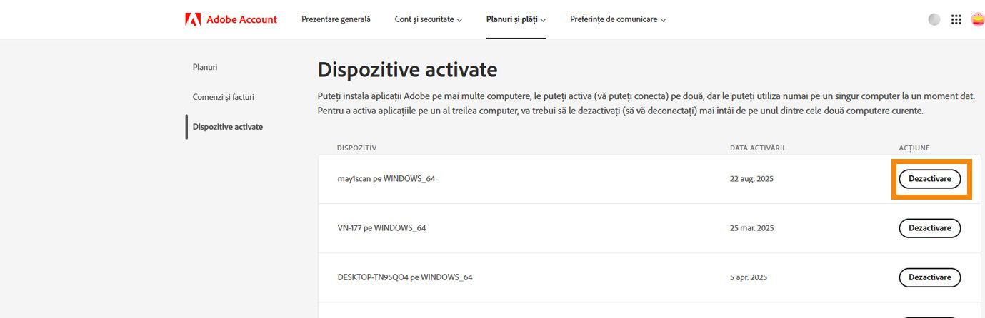 Pagina Dispozitive activate din contul Adobe afișează detalii despre dispozitivele activate și opțiuni pentru a dezactiva aplicația de pe dispozitive. 