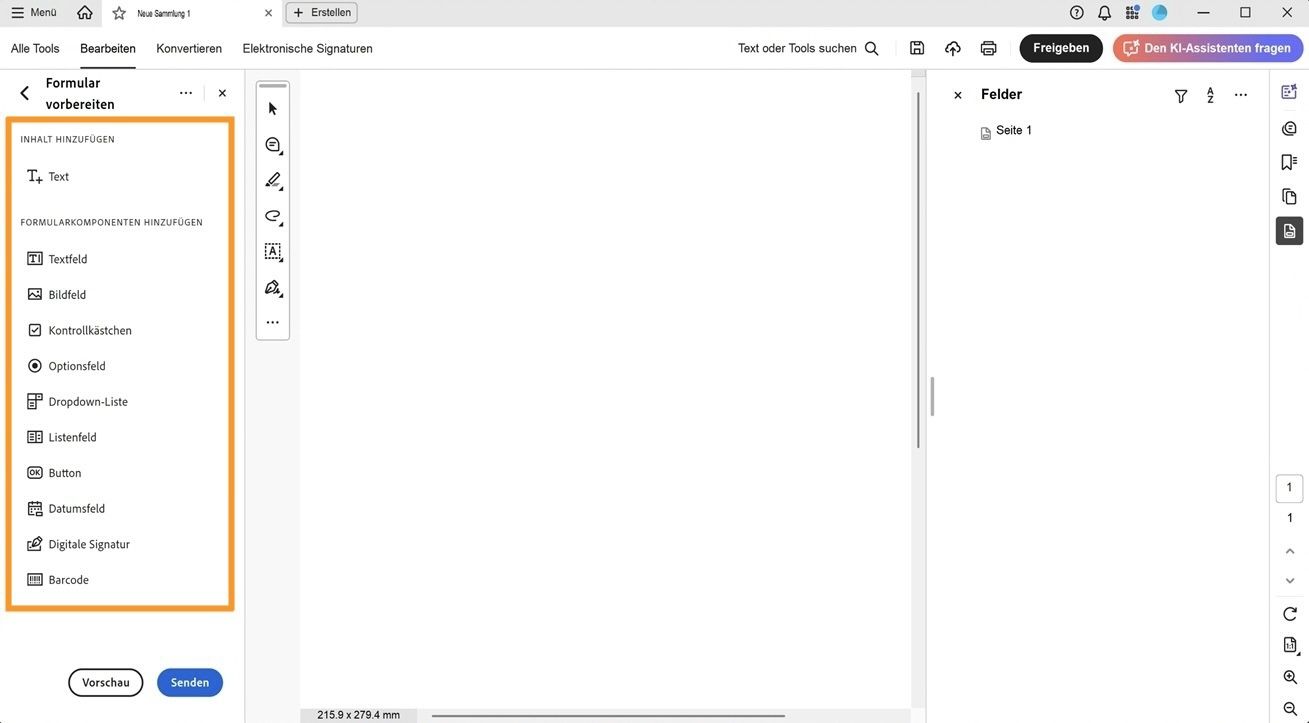 Der Bereich „Formularkomponenten hinzufügen“ mit Optionen wie Textfeld, Bildfeld, Kontrollkästchen und mehr. 