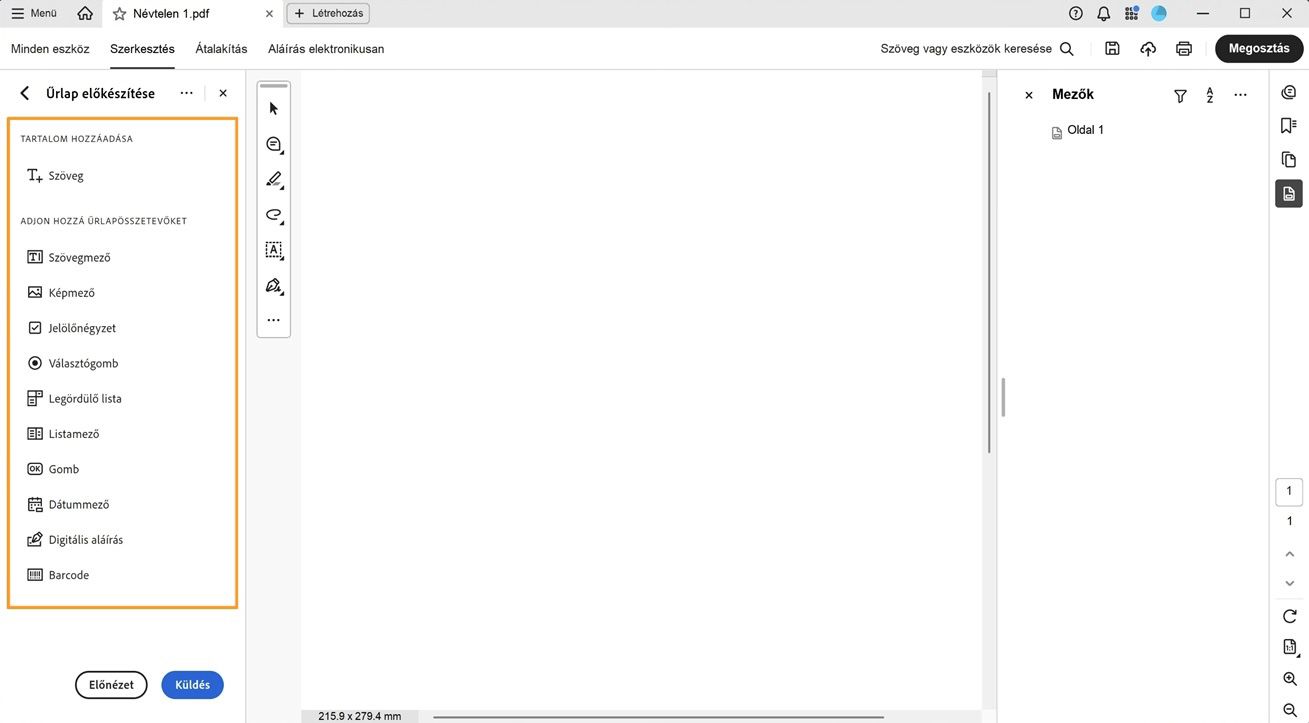 Megjelenik az Űrlapösszetevők hozzáadása panel olyan lehetőségekkel, mint a Szövegmező, Képmező, Jelölőnégyzet és egyebek.