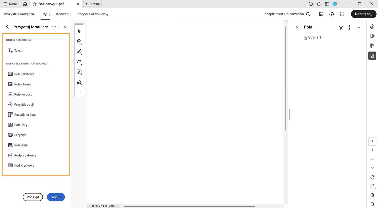 Panel Dodaj komponenty formularza jest widoczny z opcjami, takimi jak Pole tekstowe, Pole obrazu, Pole wyboru i inne. 