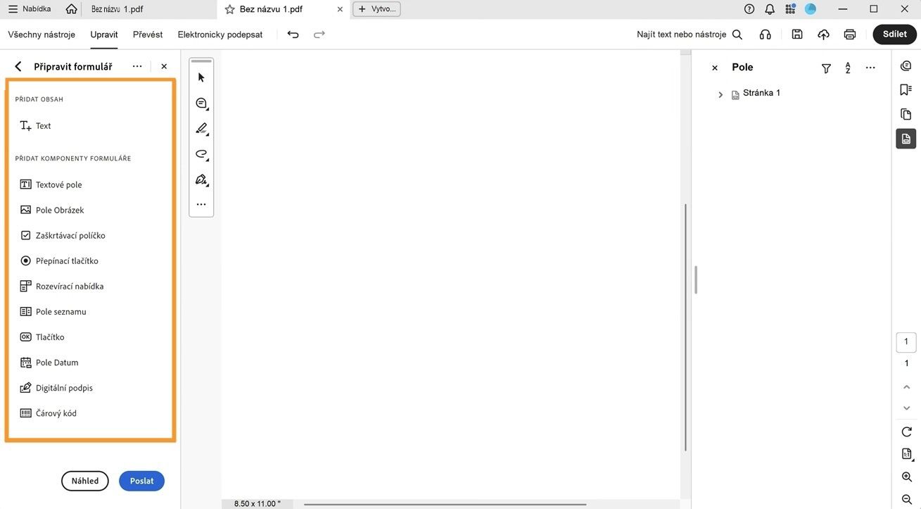 Podokno Přidat komponenty formuláře je viditelné s možnostmi včetně Textové pole, Pole obrázku, Zaškrtávací políčko a dalších.