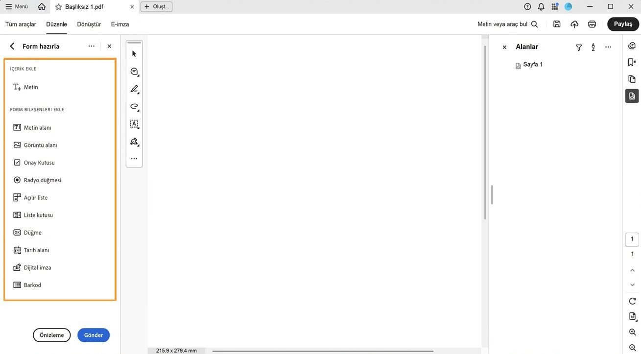Form Bileşenleri Ekle bölmesi, Metin alanı, Görüntü alanı, Onay Kutusu ve daha fazlasını içeren seçeneklerle görünür.