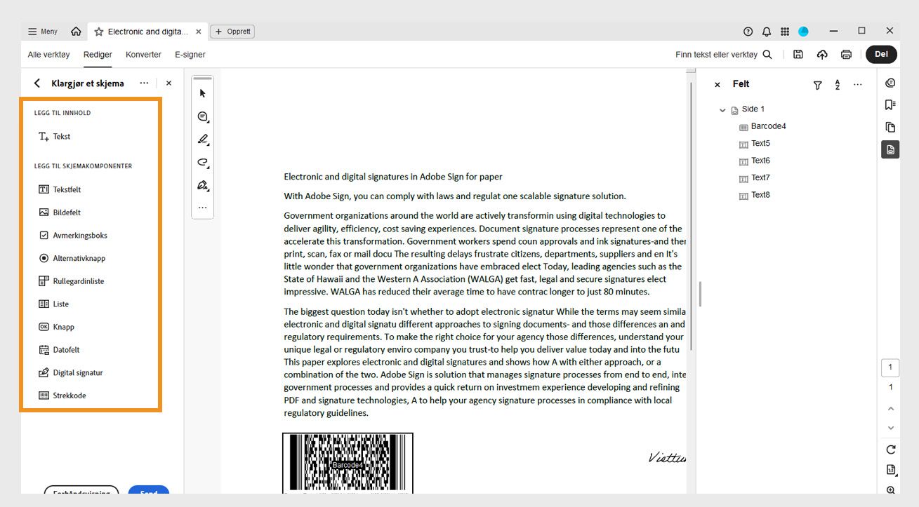 Ruten Legg til skjemakomponenter er synlig med alternativer som inkluderer Tekstfelt, Bildefelt, Avmerkingsboks og mer. 