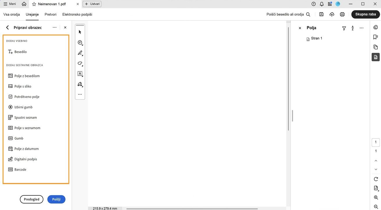 Podokno Dodajanje sestavnih delov obrazca je vidno z možnostmi, vključno s poljem za besedilo, slikovnim poljem, potrditvenim poljem in drugimi. 