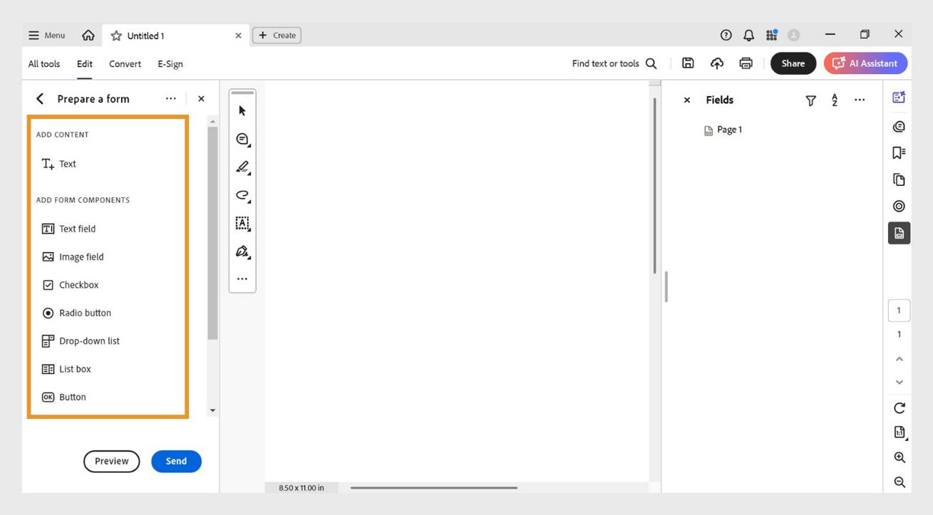 Makikita ang Add Form Components pane na may mga opsyon kabilang ang Text field, Image field, Checkbox, at iba pa. 
