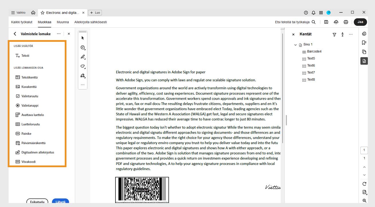 Lisää lomakekomponentteja -ruutu on näkyvissä ja se sisältää vaihtoehtoja kuten Tekstikenttä, Kuvakenttä ja Valintaruutu. 