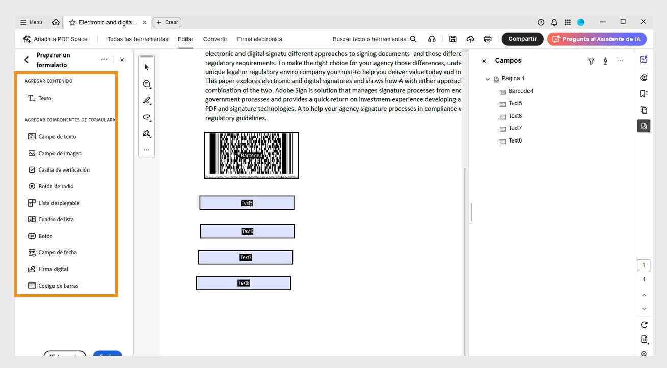 El panel Añadir componentes de formulario está visible con opciones que incluyen Campo de texto, Campo de imagen, Casilla de verificación y más. 