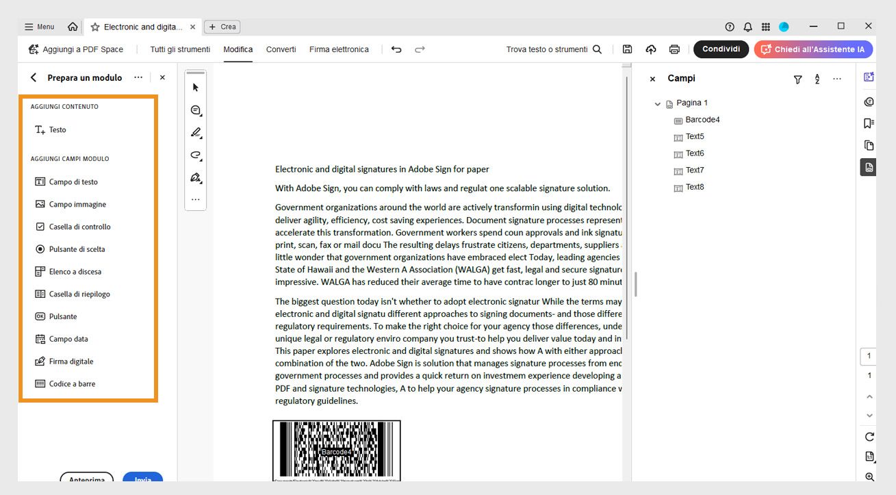 Il riquadro Aggiungi componenti modulo è visibile con opzioni tra cui Campo di testo, Campo immagine, Casella di controllo e altro. 