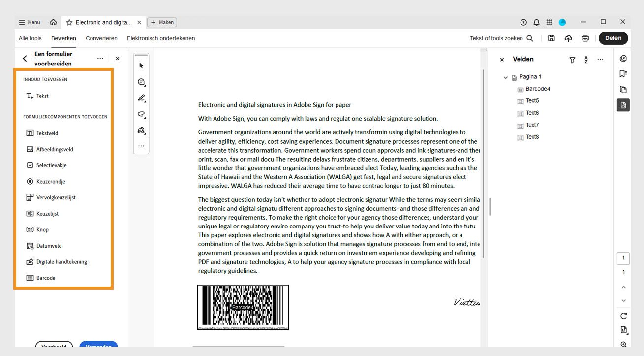 Het deelvenster Formulieronderdelen toevoegen is zichtbaar met opties zoals Tekstveld, Afbeeldingsveld, Selectievakje en meer. 