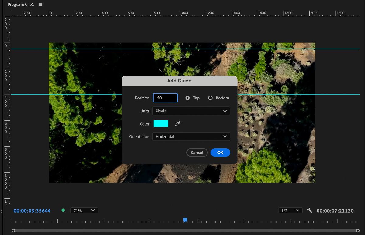 El cuadro de diálogo Add Guide está abierto con opciones para establecer la posición, las unidades, el color y la orientación.