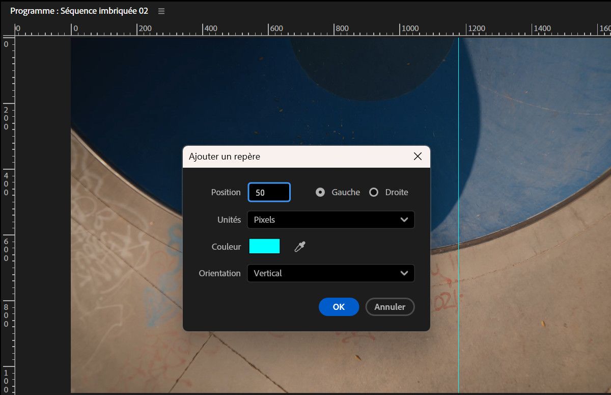 La boîte de dialogue Ajouter un repère est ouverte et comprend des options permettant de définir la position, les unités, la couleur et l’orientation.