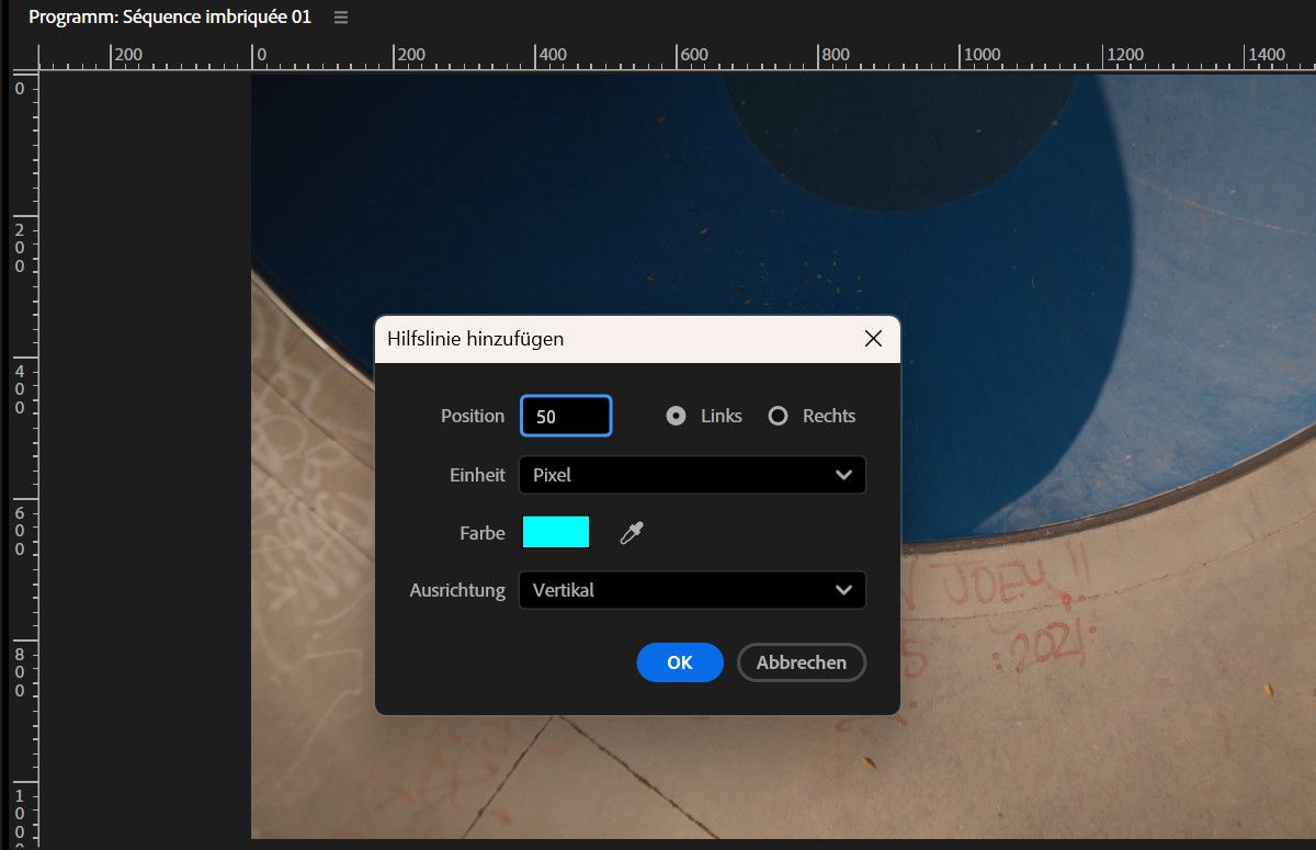 Das Dialogfeld „Hilfslinie hinzufügen“ ist geöffnet und Optionen zum Festlegen von Position, Einheiten, Farbe und Ausrichtung werden angezeigt.