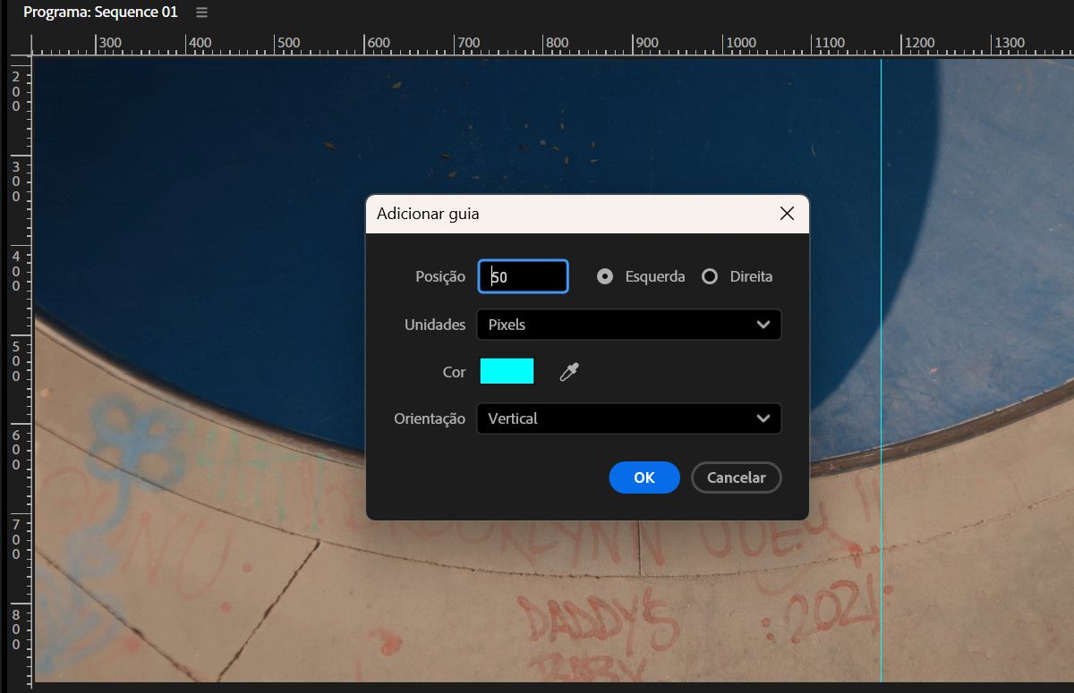 A caixa de diálogo “Adicionar guia” aberta, com opções de definir posição, unidades, cor e orientação.