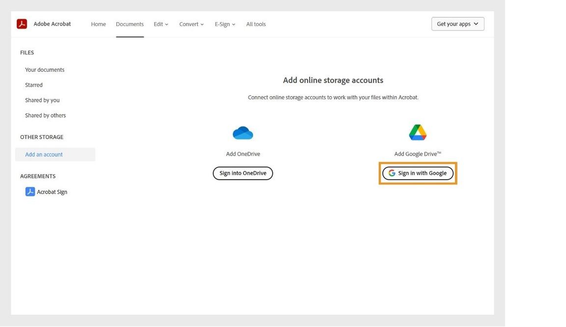 「オンラインストレージアカウントを追加」ページには、利用可能なサードパーティ製のストレージアカウントが表示されます。「Google でログイン」ボタンがハイライト表示されます。