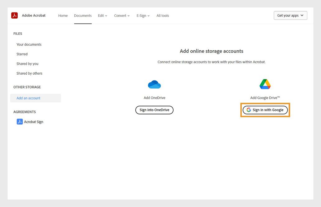 Nagpapakita ang 'Add online storage accounts' page ng mga available na 3rd party storage account. Naka-highlight ang 'Sign in with Google' button.