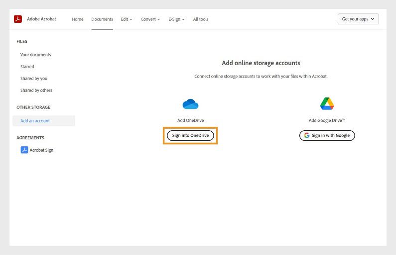 Nagpapakita ang 'Add Online Storage Accounts' page ng mga available na third party storage account. Naka-highlight ang 'Sign into OneDrive' button. 