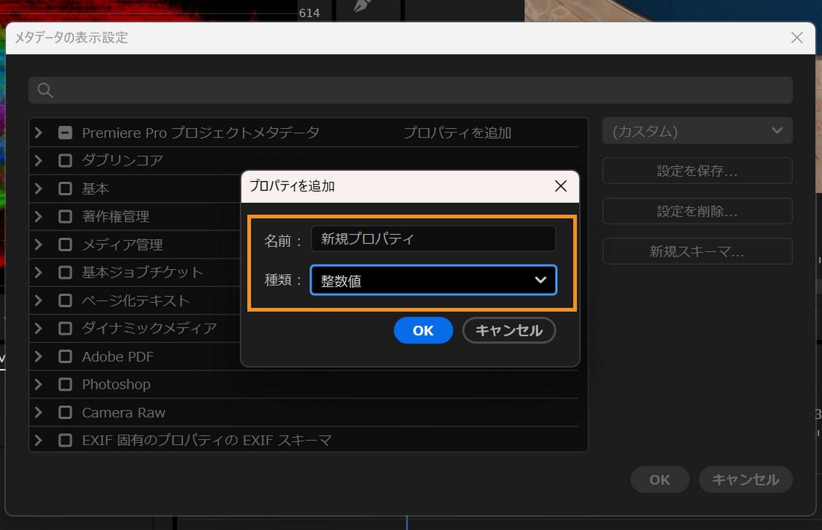 プロパティを追加ダイアログには、新しい項目を追加するための「名前」フィールドと書式メニューが表示されます。