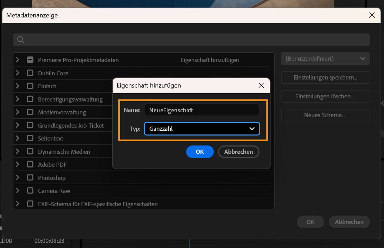 Das Dialogfeld „Eigenschaft hinzufügen“ zeigt das Feld „Name“ und das Menü „Typ“ zum Hinzufügen neuer Spalten an.