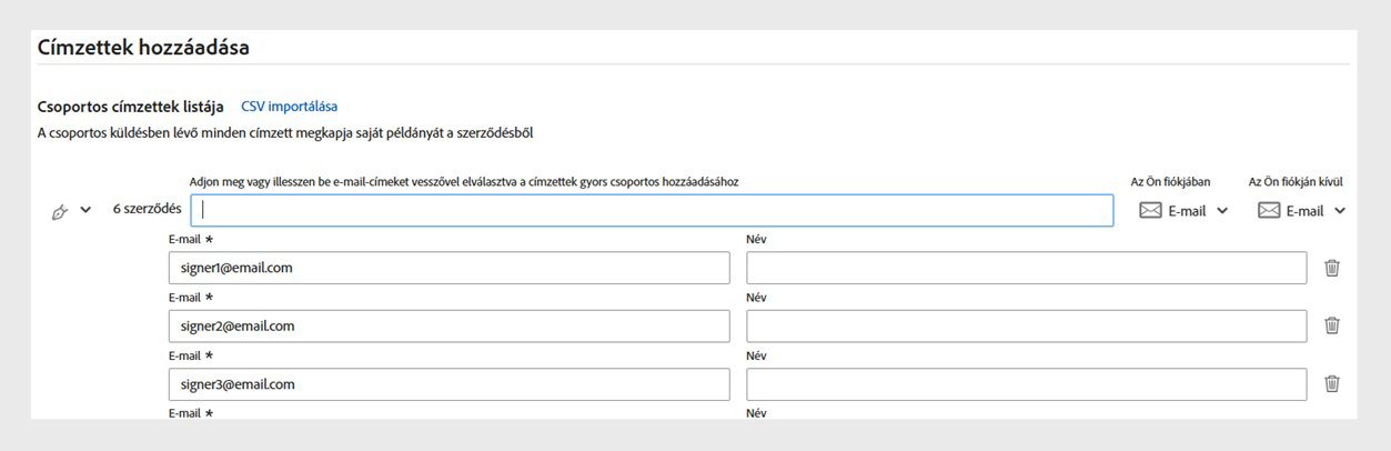 A Címzettek hozzáadása részben a Csoportos címzettek listája jelenik meg, ahol több címzettet is hozzáadhat vesszővel elválasztva. 