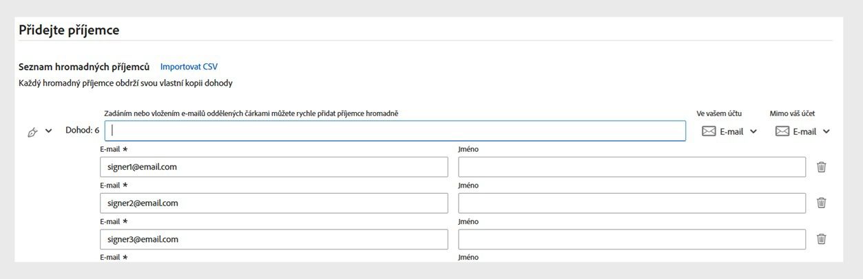 V části Přidat příjemce je zobrazena možnost Seznam hromadných příjemců, kde můžete přidat více příjemců oddělených čárkou. 